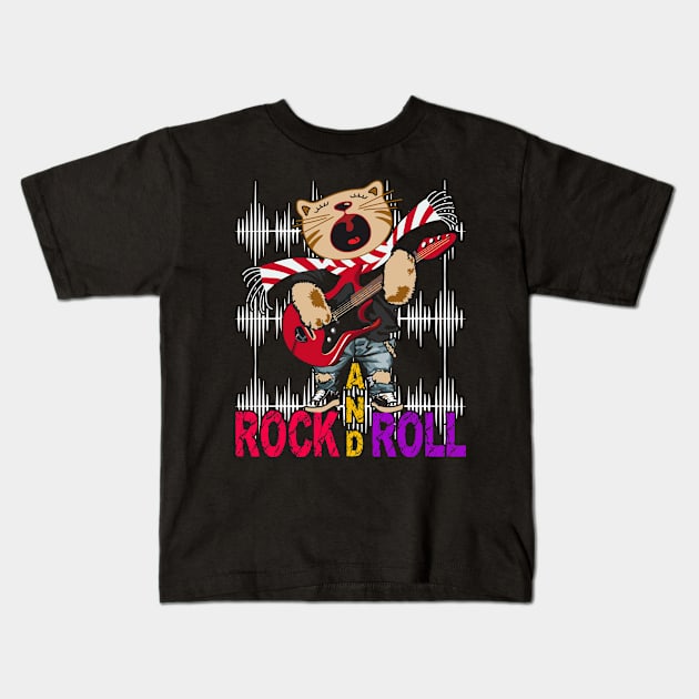 Rock & Roll Music - Cat with Guitar Kids T-Shirt by Merilinwitch